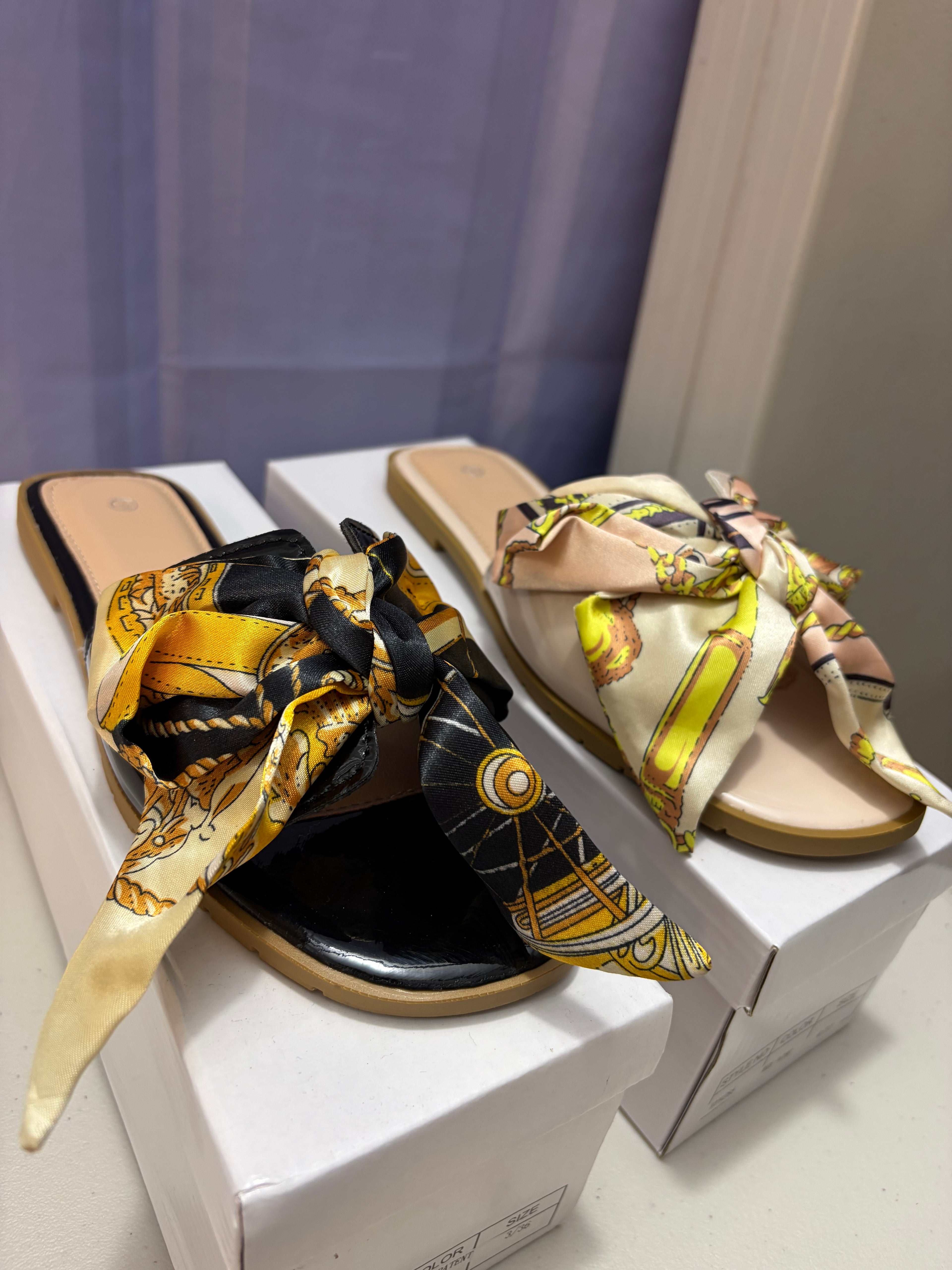 Scarlett- Scarf Print, Patent Sandals.