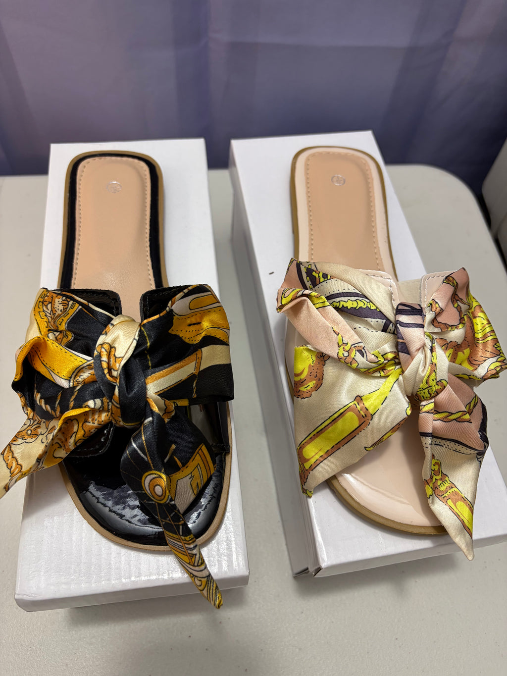 Scarlett- Scarf Print, Patent Sandals.