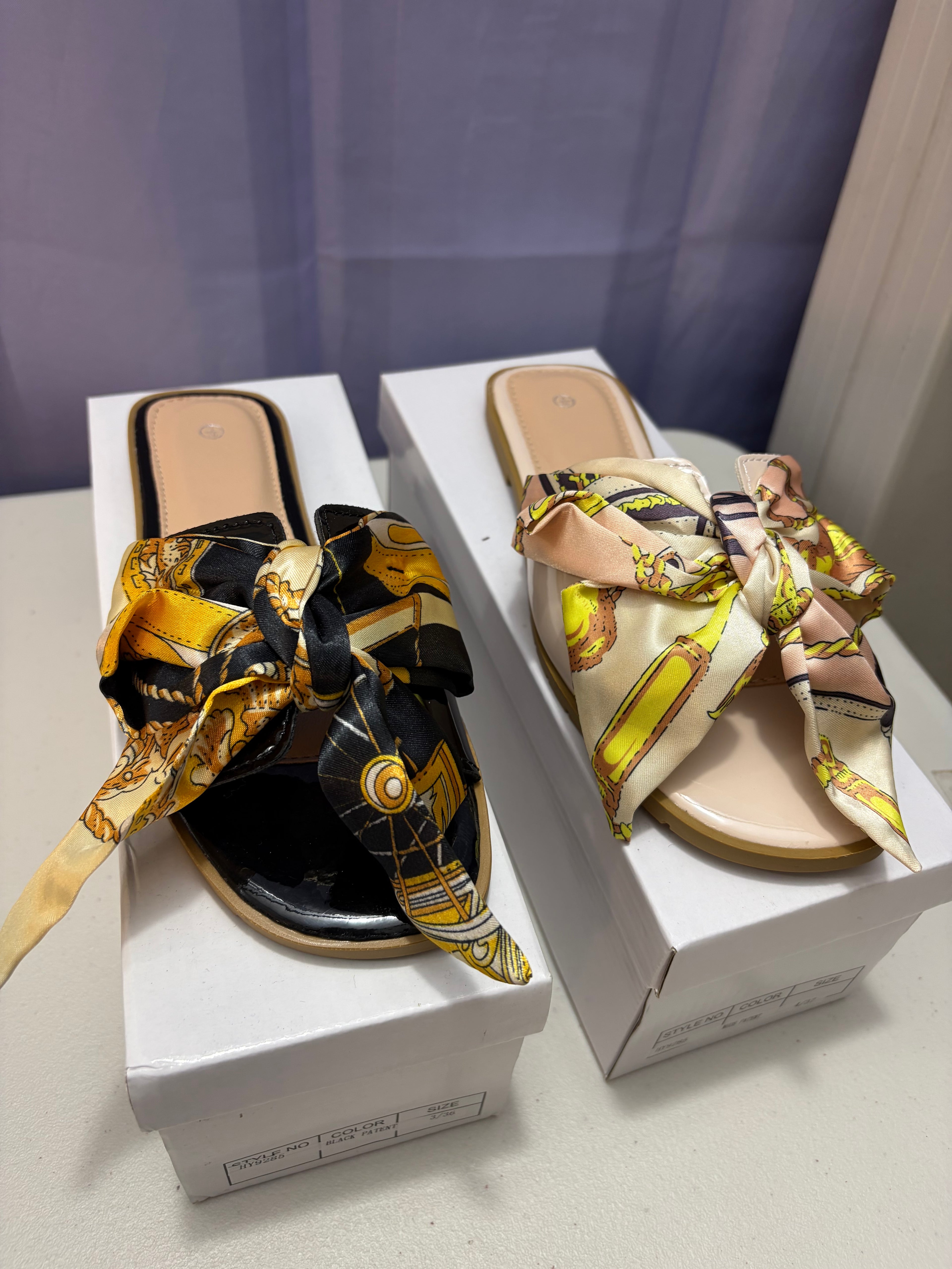 Scarlett- Scarf Print, Patent Sandals.