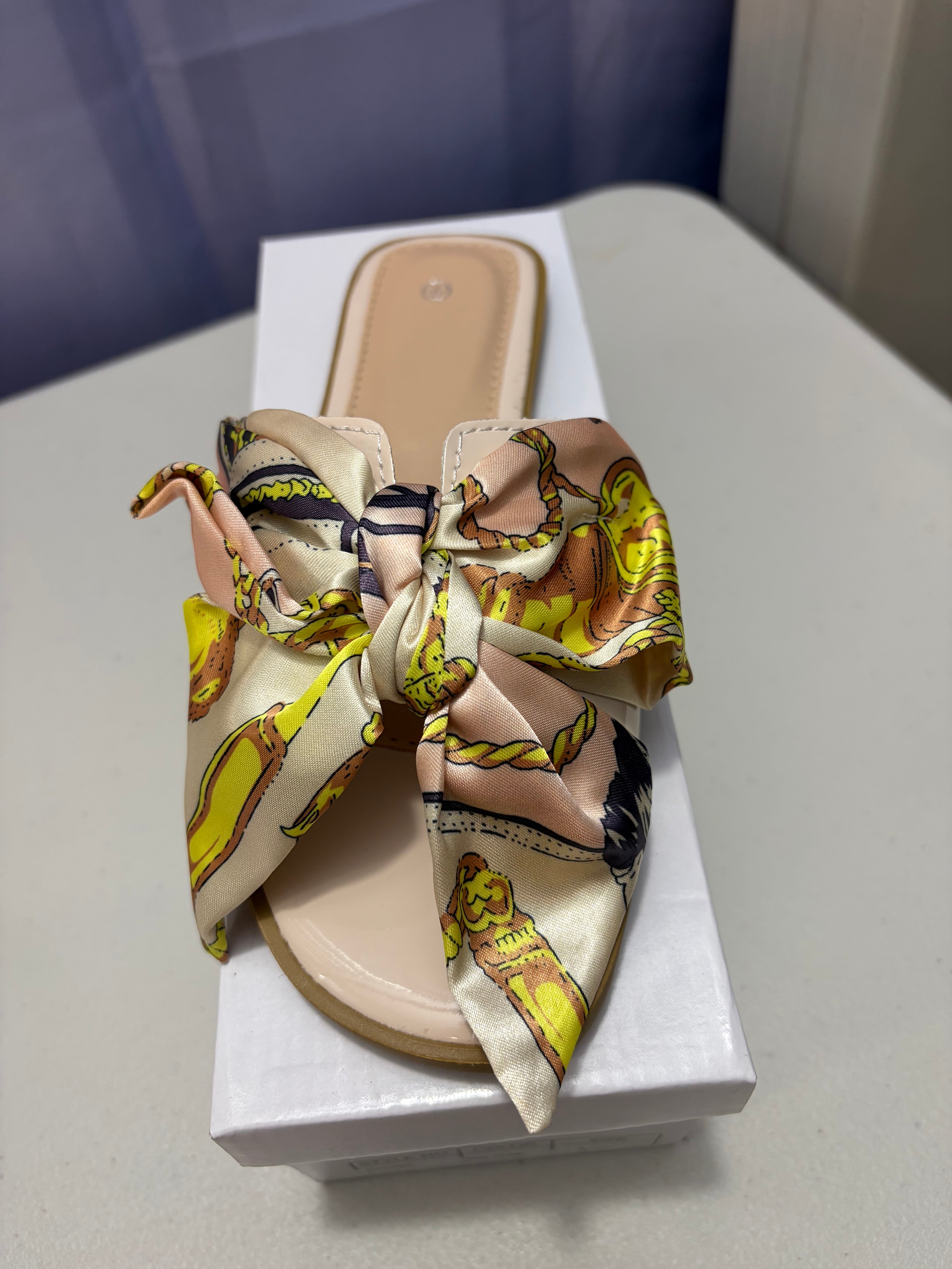 Scarlett- Scarf Print, Patent Sandals.