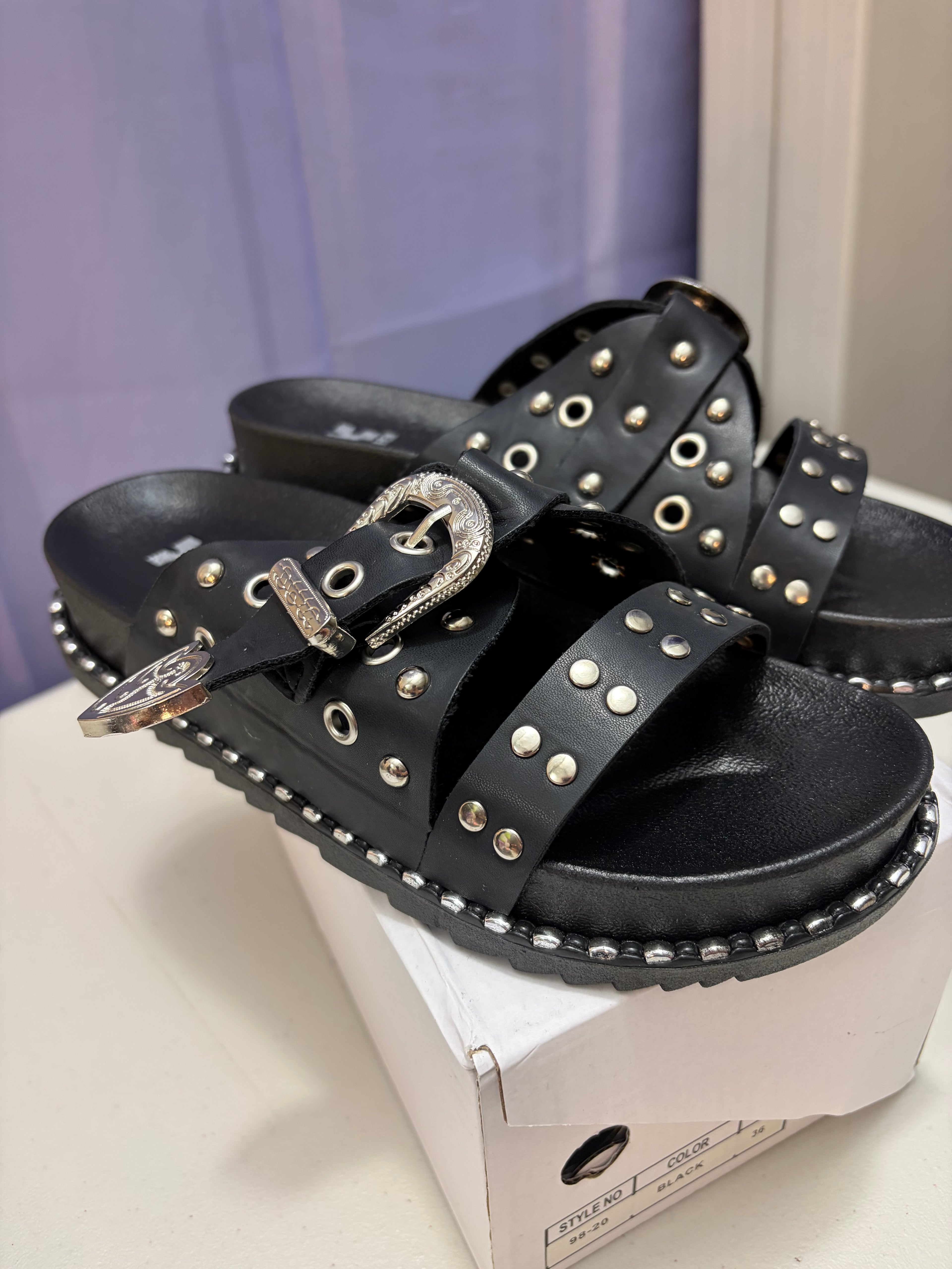 Letty- Buckled Sandal with Silver Metal Detailing.
