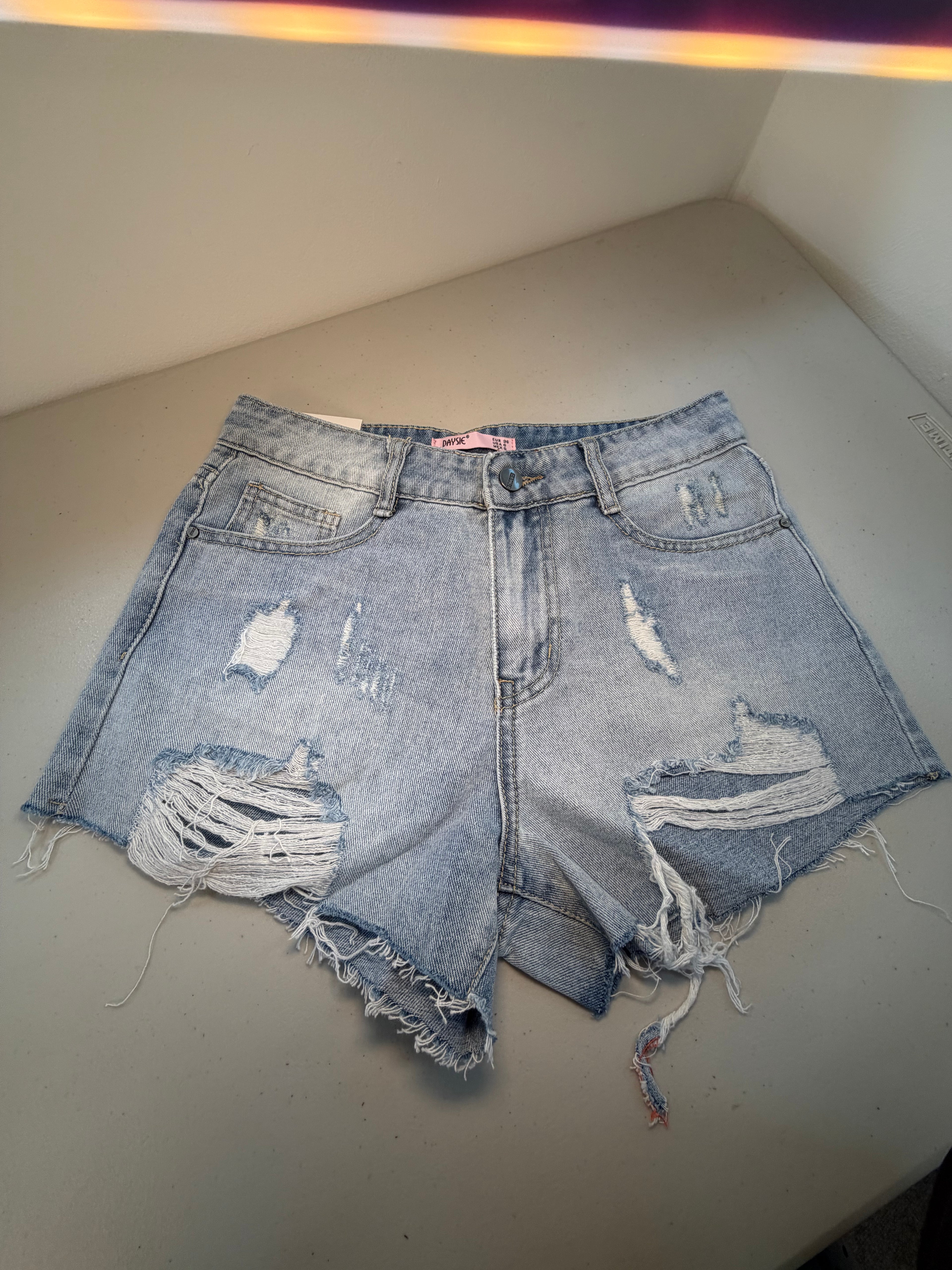 Ripped Denim Shorts with Wording on Pocket
