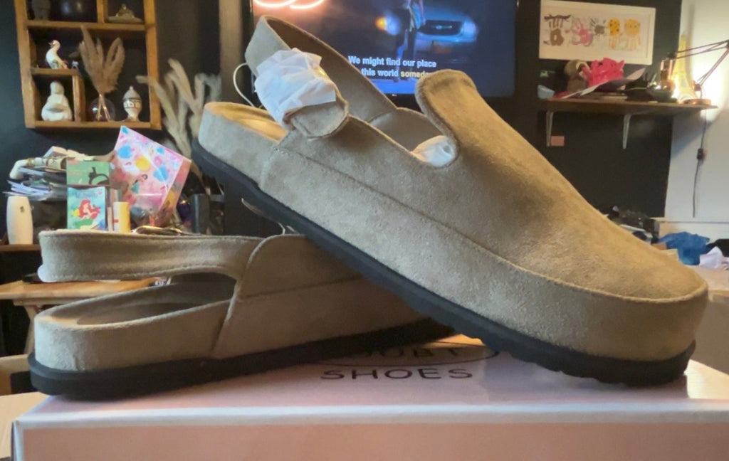 Sling back, buckled mules.