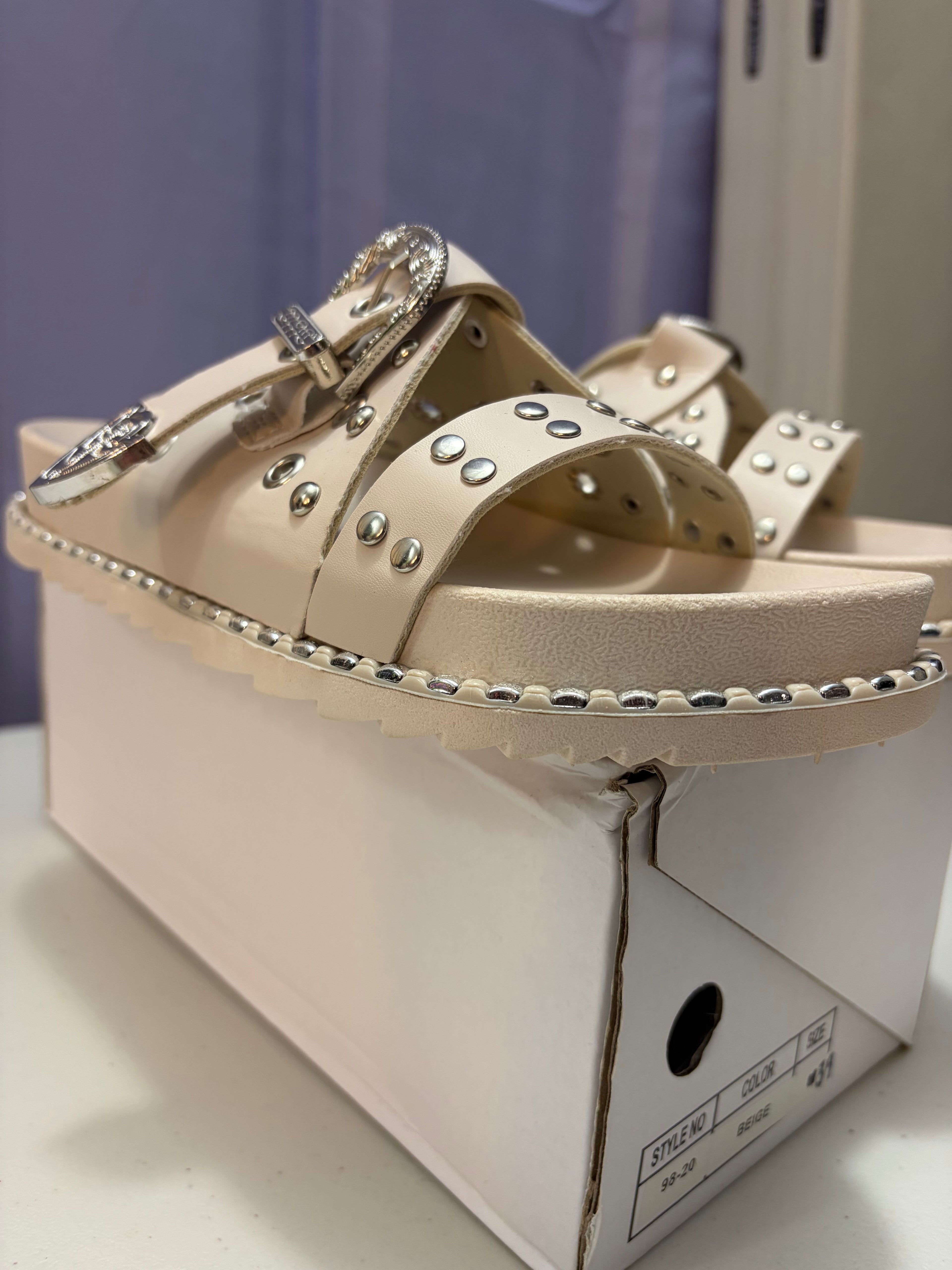 Letty- Buckled Sandal with Silver Metal Detailing.