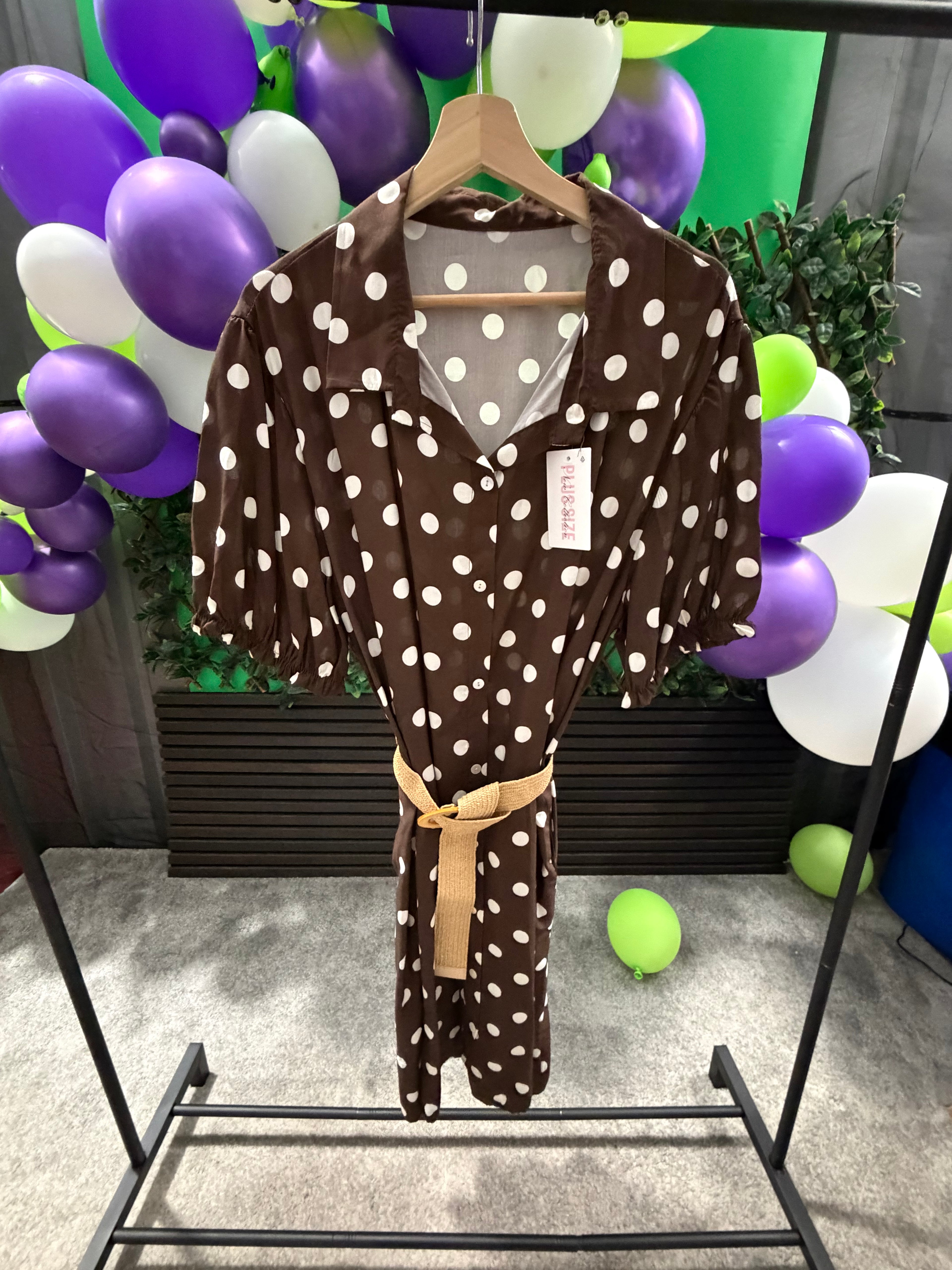 Plus Size- Polka Dot, Button Up, Belted Dress (16-24)