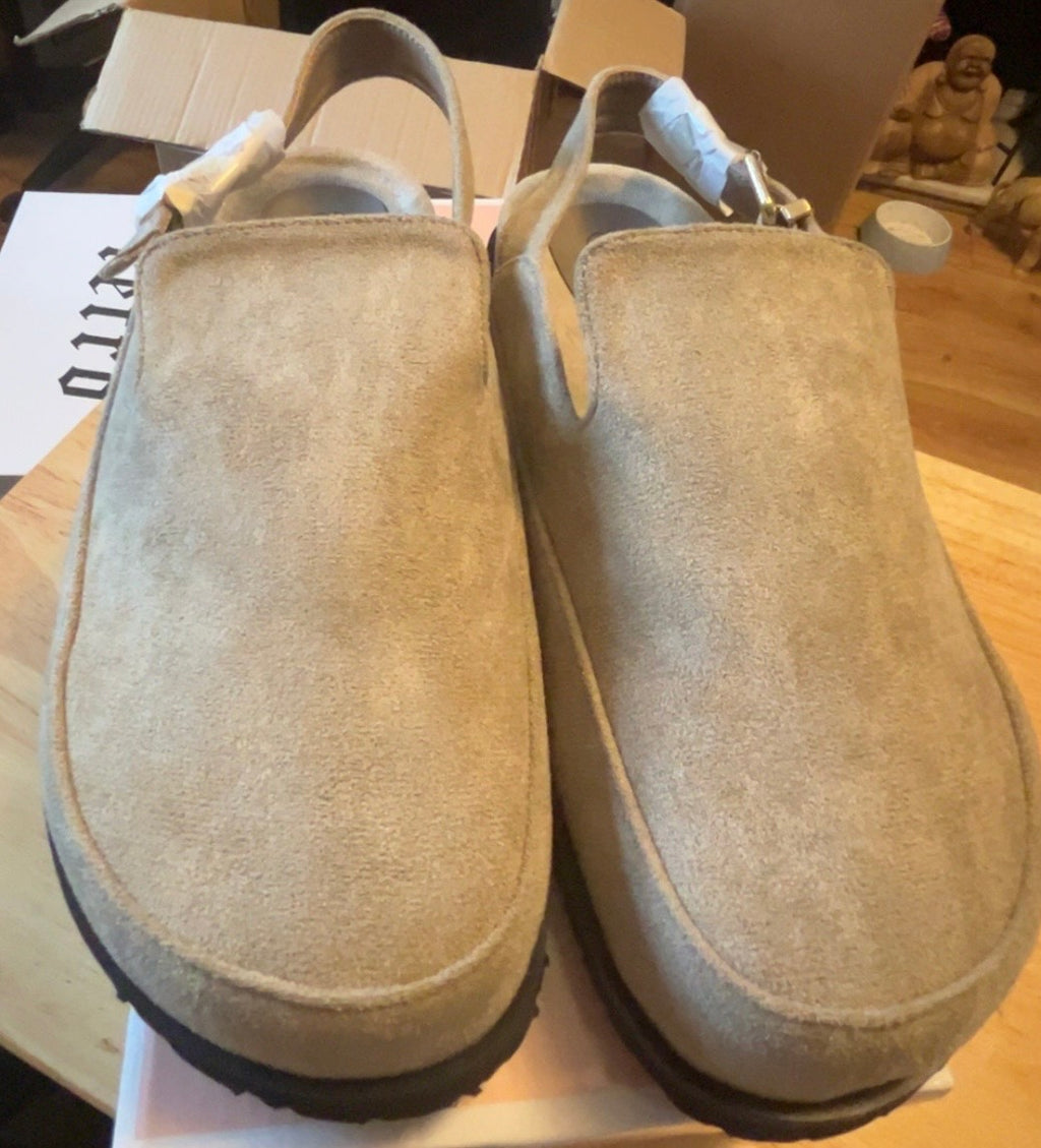 Sling back, buckled mules.