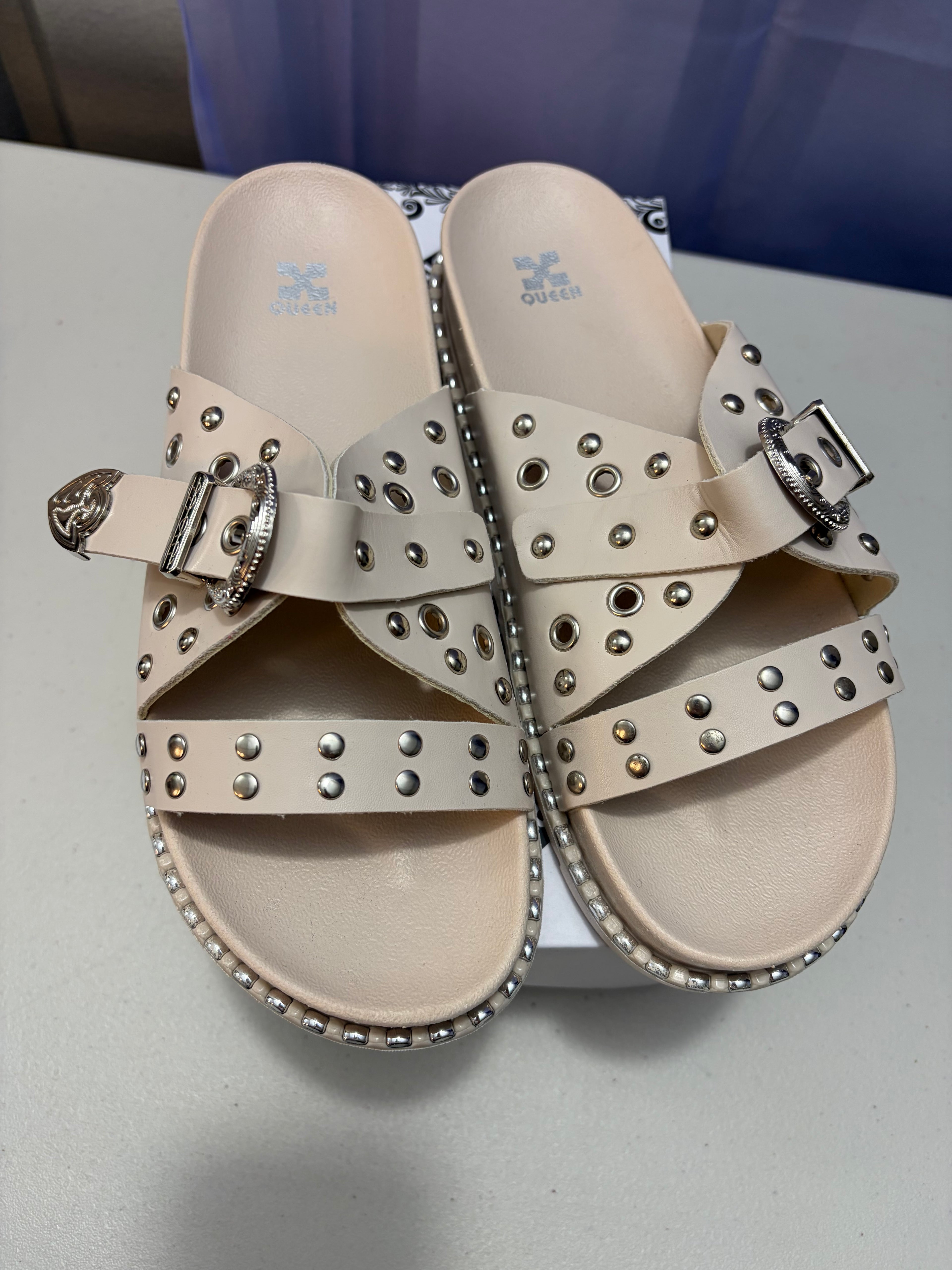 Letty- Buckled Sandal with Silver Metal Detailing.