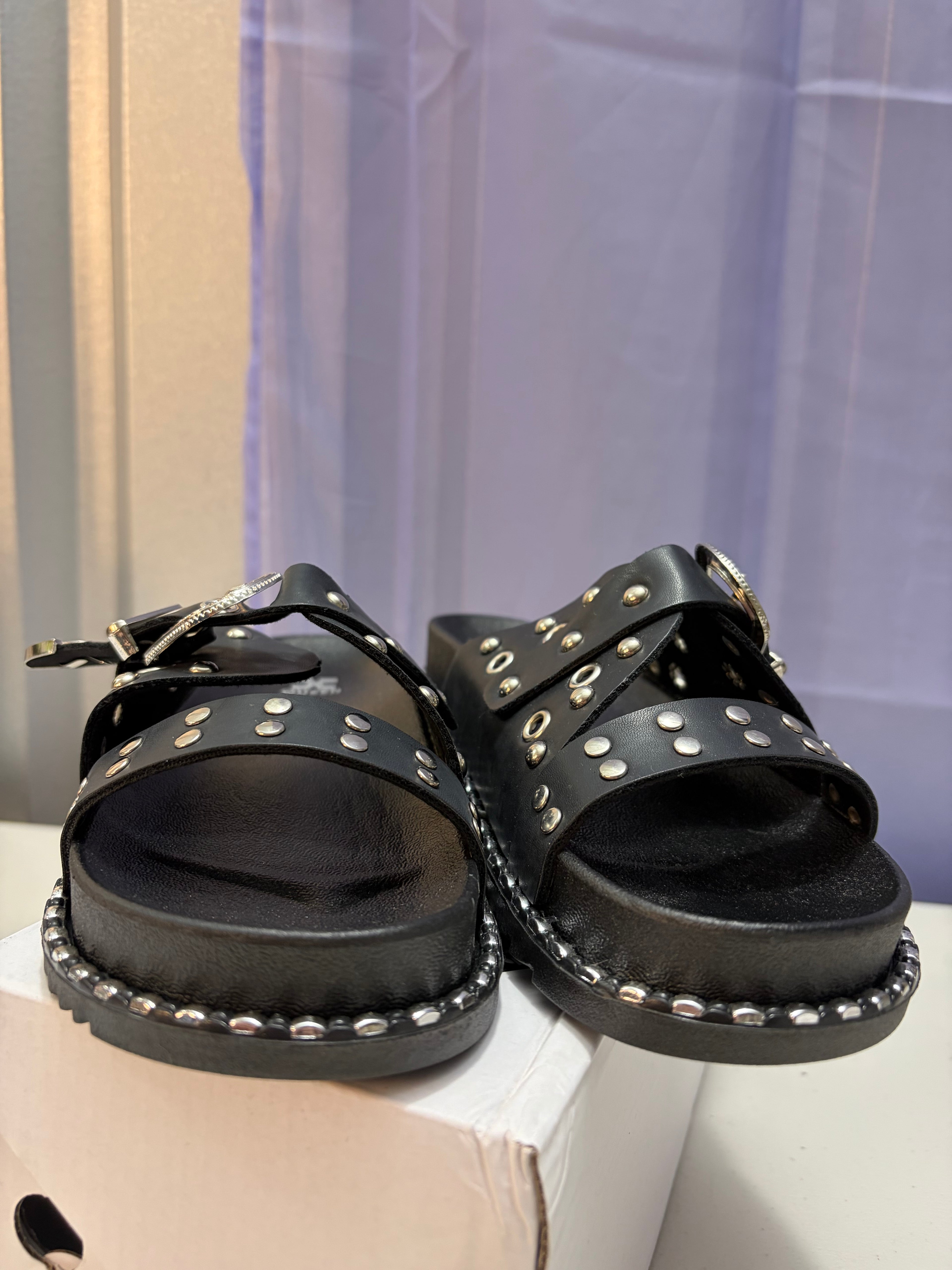 Letty- Buckled Sandal with Silver Metal Detailing.