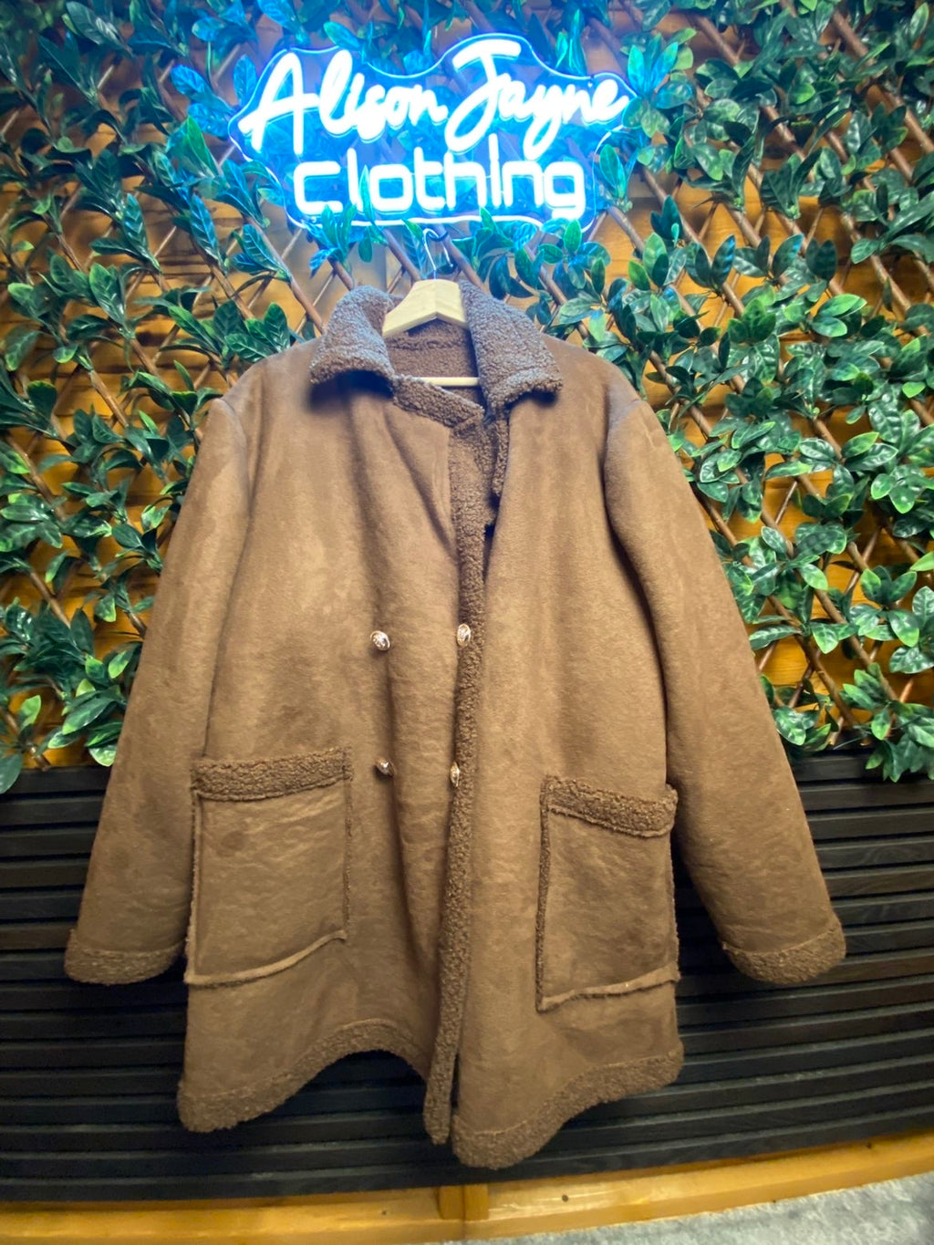 PLUS SIZE- Suede-feel coat with teddy cuffs,collar and lining.